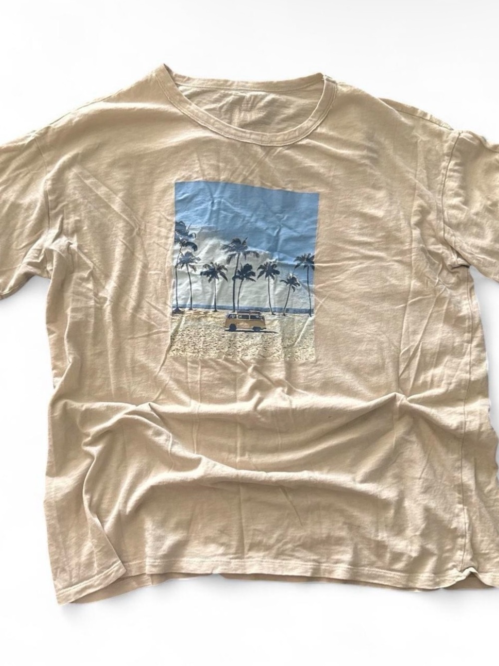Beige Palm-Print Graphic Tee - Men's Casual Shirt